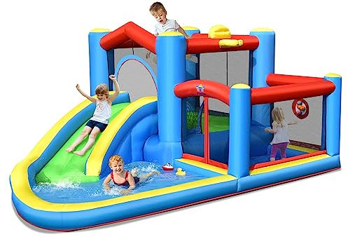 DREAMADE Château Gonflable pour 3 Enfants 3-12 Ans, Charge Max. 90KG, Maison de Jeux Géante avec Toboggan, Piscine,Trampoline,400 x 310 x 192 cm pour Intérieur & Extérieur (sans Gonfleur)