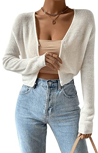 Verdusa Women's Drop Shoulder Long Sleeve Button Up Knit Cardigan Sweater White XS