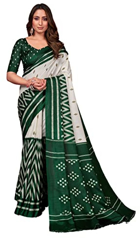 Sari en soie de Mysore imprimée avec choli non cousu pour femme - Cadeau ethnique indien traditionnel pour mariage, Vert 1, Saree & Non Stitched Blouse Piece