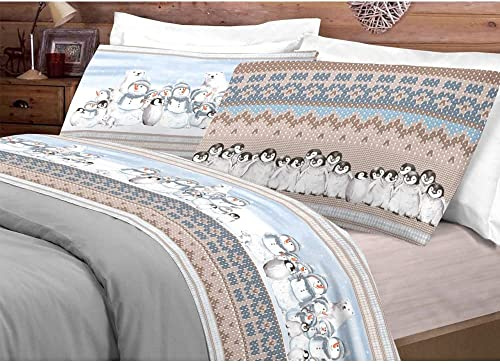 PELLECCHIA 1969 Set Lenzuola Calda Flanella, Made in Italy Fantasia Pinguini e Pupazzi di neve (Beige, Matrimoniale)