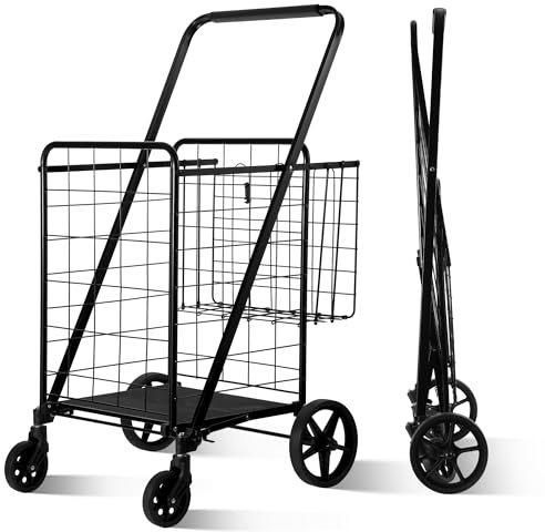 BIEAMA Folding Shopping Cart, Grocery Cart, 340 Lb Capacity, Utility Cart with 360° Rolling Swivel Wheels, Large & Extra Basket