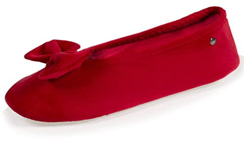 Isotoner Chaussons pantoufles Ballerines femme ultra confortables, semelle en cuir, détail grand nœud, 37/38, rouge