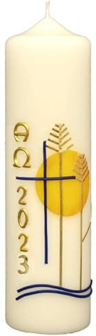 Osterkerze Kreuz, Sonne-Ähren, Wasserwellen, A und O, Jahreszahl 220 x Ø 60 mm