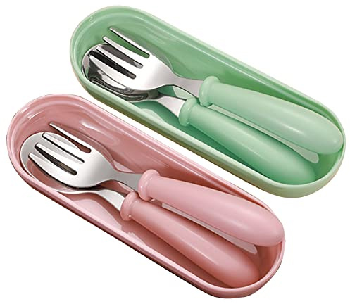 Vastsea 4 Pièces Couverts pour Enfant, Ustensiles pour Bébé Cuillère et Fourchette, Couverts pour Enfants en INOX, Qui est Antirouille, Durable, pour la Maison et Les Voyages (Rose, Vert)