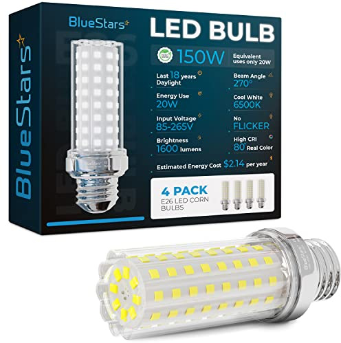 BlueStars LED Corn Light Bulbs 150W Equivalent Super Bright, 1600 lumens, 20W E26 Base 6500K Daylight White, Non-dimmable for Home Garage Warehouse Commercial & Large Area Lighting, 4 Packs