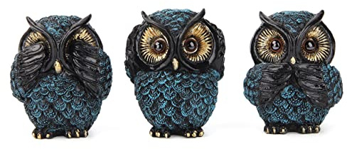 Owl figurine and sculptures for shelf decor accents,3 wise Owl statue for living room bedroom decoration,Retro animal decor,boho gift for women bird lover,see no evil hear no evil speak no evil