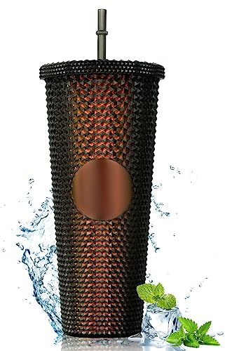 Joymaking Studded Tumbler with Straw and Lid, Double Walled Cold Cups, 24oz Studded Cup Plastic Cup Glitter Water Bottle Cups for Iced Coffee, Slush and Smoothies（Black & Gold）