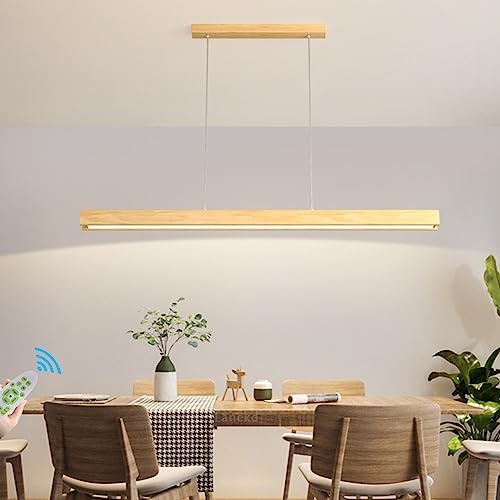 Pendelleuchte Esstischlampe LED L100CM Holz Hängeleuchte Dimmbare Mit Fernbedienung Büro Hängeleuchte Moderne Linear Design Kronleuchter für Esszimmer Küche Wohnzimmer Deckenlampe Holz