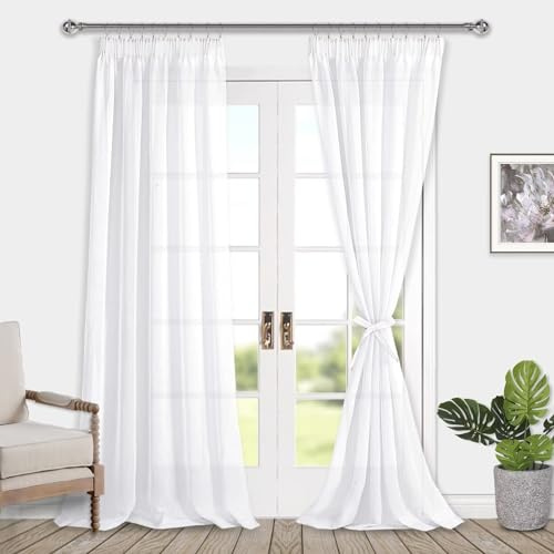 DWCN Cortinas de voile con cinta de volantes, aspecto de lino, 2 piezas, cortinas semitransparentes para salón, cortinas transparentes, extralargas, color blanco, 260 x 140 cm (alto x ancho)