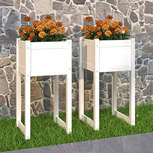 LAPOOH Jardinières 2 pcs Blanc 40x40x81 cm Bois Massif de pin,Jardinières,Jardinieres Exterieur,Bac Jardiniere,Bac à Fleurs Extérieur,Jardinieres Balcon