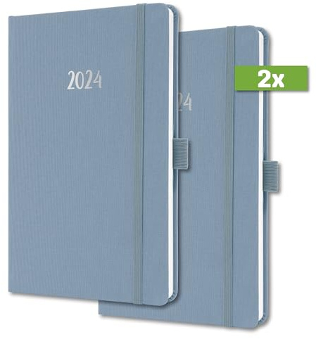 SIGEL J4401/2 Wochenkalender Jolie 2024, ca. A5, blau, Hardcover mit Textileinband, Gummiband, Stiftschlaufe, Einstecktasche, 174 Seiten, aus nachhaltigem Papier, Terminplaner, 2 Stück