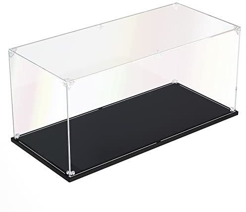 DOFOPO Acryl Vitrine Schaukasten Selbstmontage Klar Acrylbox 45 x 20 x 20cm | Staubdichte Transparente Display Case für Modellautos, Figuren & Modelle mit Schwarzer Basis; Handschuhe Putztuch