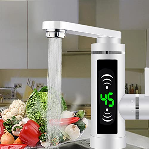 HINOPY - 3000W Elektrische Wasserhahn, 360° Drehbarer Durchlauferhitzer Warmwasserhahn mit LED Temperaturanzeige für Küche, Bad (Weiß)