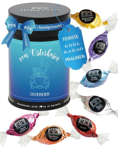 Hallingers Genuss Manufaktur Pralinen-Osterei Oster-Geschenk - ohne Alkohol, handmade aus Edelkakao in wertiger Geschenkdose Vom Osterhasen, Ostern Körbchen für Frauen Männer