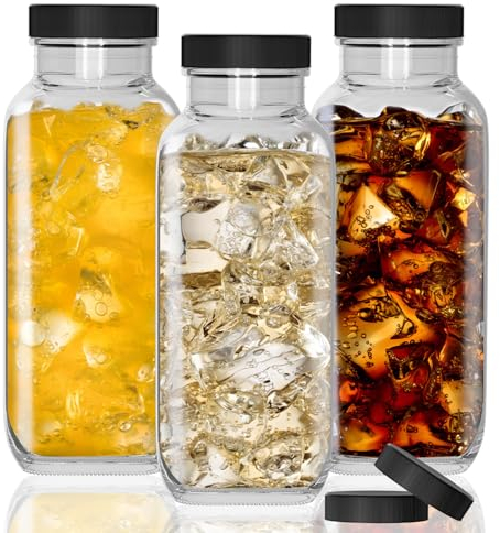 HYCKee 3-Pack 16oz Square Glass Water Bottles, 480ml Capacity, BPA Free, Airtight, Reusable, Ideal for Iced Coffee, Juice, Milk, Smoothies, Tea, Kombucha
