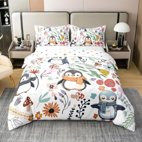 Süßer Pinguin 100% Bio-Baumwolle Bettbezug für Jungen Mädchen,Winter Wildlife Tröster Abdeckung,Cartoon Pinguin mit Schal Bettwäsche Set,Bunte Blumen Pilz Bettdecke 200x200