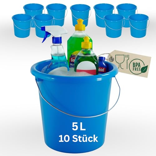 Novaliv 10 Stück Eimer 5L Blau mit Maßeinteilung - Putzeimer 5 Liter ? 22,5 cm Praktischer Allrounder mit Skala für Haushalt & Garten ideal als Haushaltseimer, Wassereimer, Wischeimer, Bucket