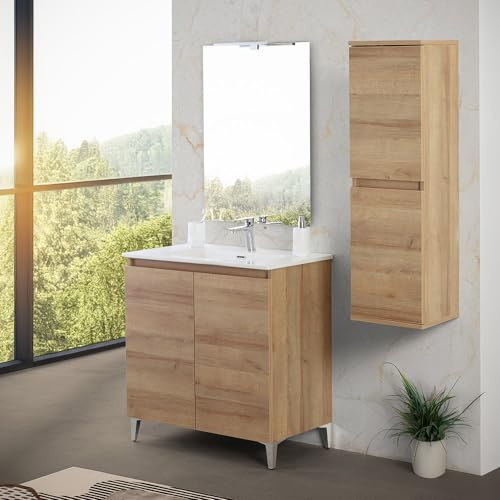 Inbagno Mobile bagno a terra 80 cm rovere africa con 2 ante battenti soft-close, lavabo in ceramica e specchio reversibile 60x80 cm, KLEO