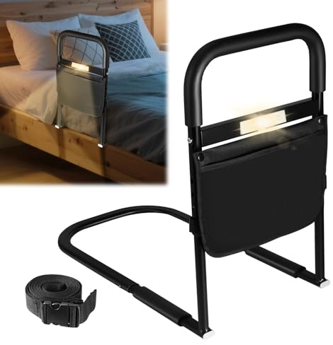 Bed Assist Rail for Elderly Adults Safety Bed Rails with Storage Bag and Motion Sensor Light, Adjustable Heights Safely Assist Handrail Bar Withstand 400LB, Fall Prevention for Pregnant Women,Seniors