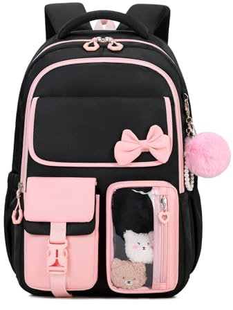 ASKSKY Girls Backpack, School Backpack for Girls, Cute Bow Kids Bookbag for Grils Children Teens for Elementary Middle High School Student, Back To School, Black Pink