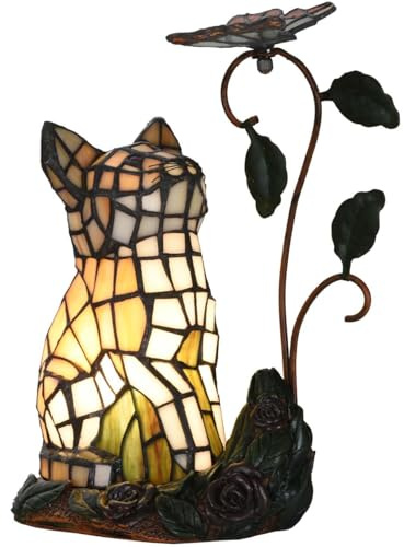 Bieye L30891 Tischlampe im Tiffany-Stil mit Katzenmotiv, Buntglas, bezaubernde orangefarbene Katze, die einen Schmetterling beobachtet, 25,4 cm hoch