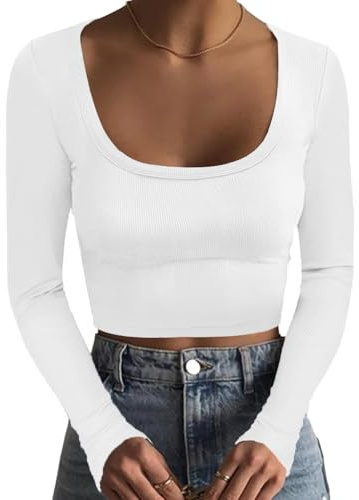 DUOEASE Dam långärmad T-shirt med rund hals ribbad crop top för kvinnor smal passform basic ledig topp