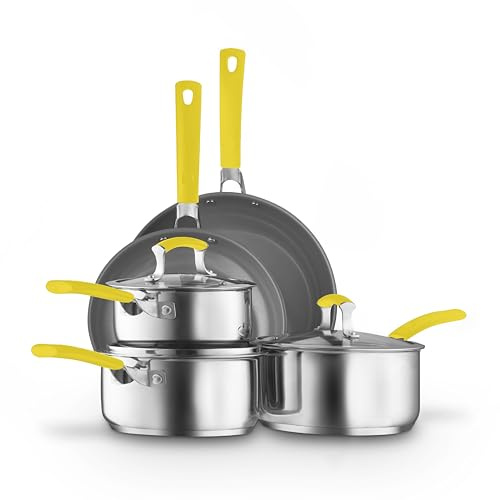 Sur La Table 5 Piece Yellow Colour Me Happy Cookware Set, 16/18/20cm Saucepans, 24/28cm Frying Pans, 360° Pouring Lips, Comfortable Yellow Grip, Stainless Steel, Induction Compatible, SLT800310YLW