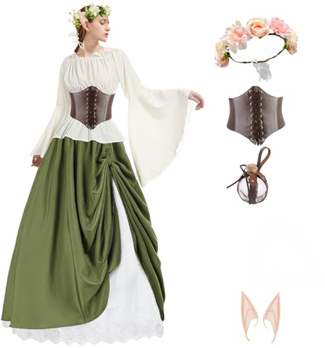 Boyigog Abbigliamento medievale da donna con orecchie da elfo, per adulti, abito da elfo, gonna lunga, accessorio medievale, camicia, corsetto floreale, Halloween, carnevale, cosplay, medievale
