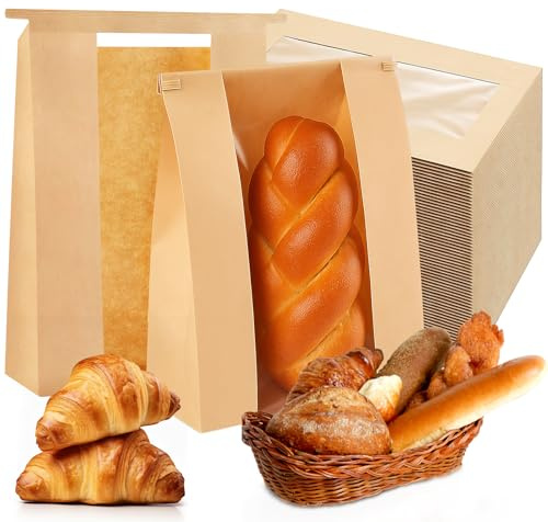 100 Pack Paper Bread Bags for Homemade Bread, Kraft Paper Sourdough Bread bags with Window, Brown Large Bakery Bag with Tin Tie Tab Lock, 12.4 x 8.2 x 3.5 Inch