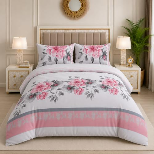 Trendy 4 Piece Complete Bedding Set – Soft Microfiber Double Duvet Cover, Fitted Sheet & 2 Pillowcases | Floral Printed, Wrinkle-Free & Lightweight for All Seasons