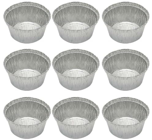GLEAVI 50 Pcs Tin Foil Bowls Disposable Aluminum Round Baking Trays for Oven BBQ Camping High Temperature Resistant Stackable Food Grade Foil Pans Without Lid