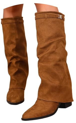 pvucpot Stivali Donna Invernali Autunnali, Texani Cowboy Stivaletti Alti, Stivali al Ginocchio Donna, Stivaletti con Tacco Punta, Stivaletto Wide Fit con Plateau, Fold Over Boots Marroni