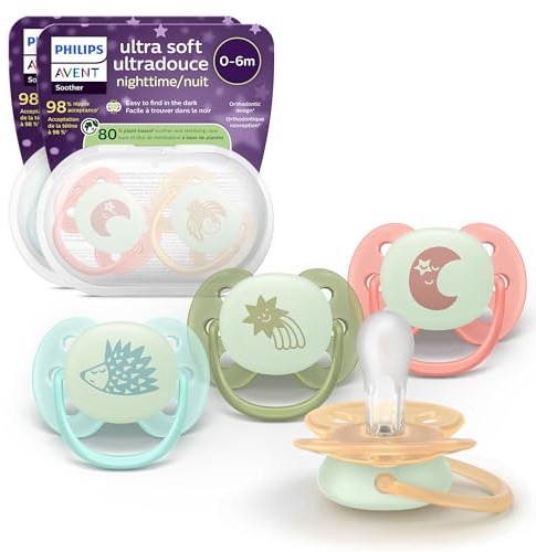 Philips Avent Ultra Soft Nighttime-nappar – ortodontisk design för barn 0–6 månader, lyser i mörkret, flexibel sköld, symmetrisk silikonnapp, BPA-fria, med steriliseringsfodral, 4-pack, SCF094/07