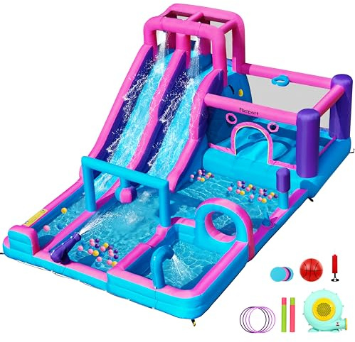 FBSPORT Inflatable Water Slide Bounce House with 750W Blower, Double Water Slide, Jumping, Climbing Wall, Water Gun, Basketball Hoop, Splash Pool, Inflatable Bouncy Castle for Outdoor Indoor