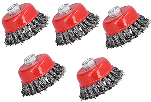 ERYUE Cepillo de Copa de Alambre Trenzado Anudado para Amoladoras, Limpieza Rebabas óxido, 3 Pulgadas, 5 Piezas, Rosca Tornillo M14, Acero Rojo