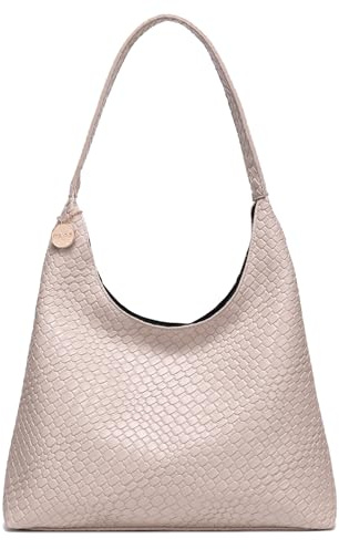 SUANNI Beige geflochtene Tragetasche für Damen, Veganes Kunstleder Handtasche, Große schlampige Hobo Schultertasche, Trendige Sommer Casual Handtasche mit Reißverschluss, Geräumige Arbeitstasche