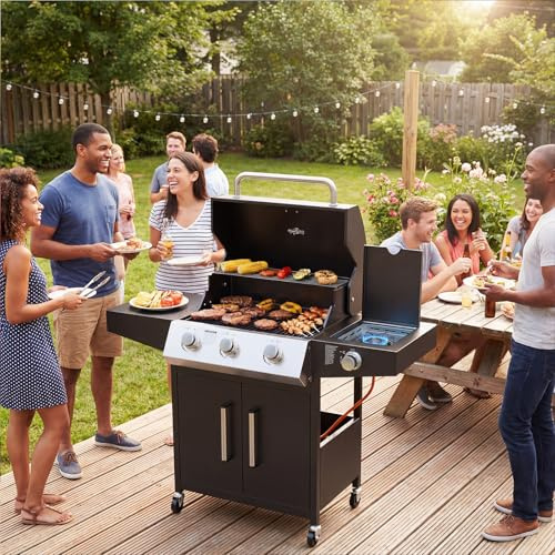Bonnlo 4 Burner Propane Gas BBQ Grill with Side Burner & Enameled Cast Iron Grates, 46,000 BTU Barbecue Grill with Wheels, Built-in Temperature Gauge for Outdoor Patio Backyard Cooking Grilling