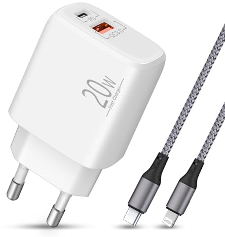 20W USB C/A Cargador Carga Rapida + Cable Lightning Nylon para iPhone | Para iPhone 14/13/12/11/Pro/Max/mini/SE/XR/XS/X/8, iPad de Lightning, Enchufe Original Apples con Cable 1m, Carregador