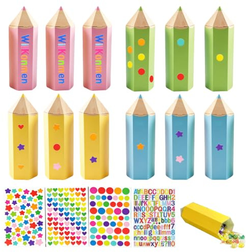 Quorumsg 12 Pièces Cornet d'écolier, Cornet d'école in Forme de Crayons de Couleur, 4 Couleurs Cornets d'écolier avec 4 Autocollants, pour Chocolats, Fêtes, Bonbons