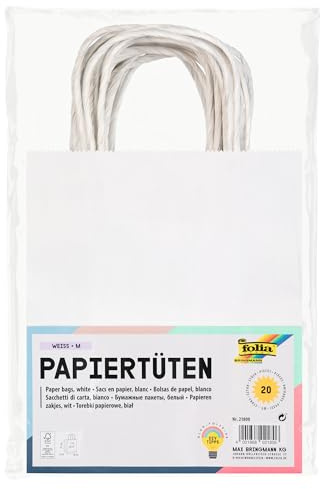 folia 21800 – papperspåsar av kraftpapper, presentpåsar, 20 stycken, 18 x 8 x 21 cm, vit – för pyssel, dekoration och gåva
