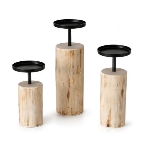 3er-Set Kerzenleuchter Kerzenständer Tempe Holz - H14/18,5/23,5cm