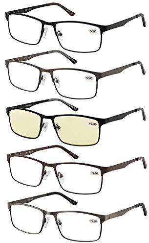 Amcedar 5 Paires Lunettes de Vue Lecture Hommes Rectangulaire style de cadre Acier Inoxydable Materiaux Charniere a ressort Compris Ordinateur Lunettes de Lecture +2.50