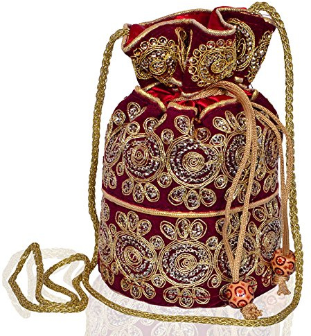 Purpledip Potli Tasche (Clutch, Kordelzug) für Frauen mit aufwendigem Goldfaden und Pailletten-Stickerei