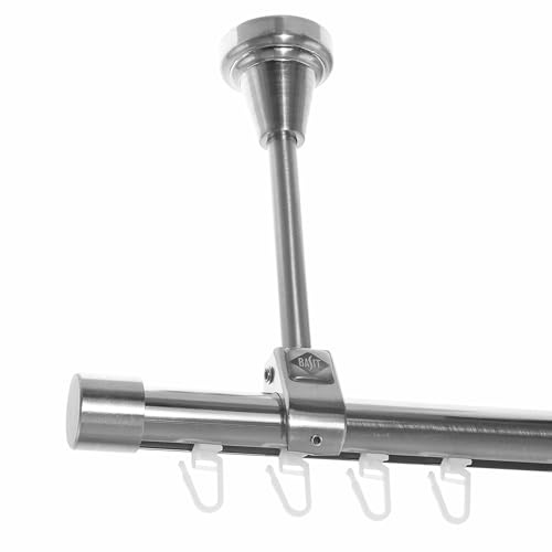 BASIT Gardinenstange Innenlauf Edelstahllook 20mm 1-läufig Decke 280cm D51I | Gardinenstangenset einläufig Deckenmontage Metall Vorhangstange Deckenhalterung 120-600cm wählbar Kappe E30