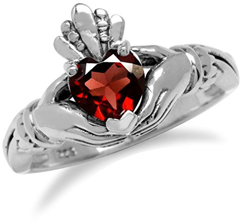 Silvershake Natural Heart Shape Garnet Irish Celtic Claddagh 925 Sterling Silver Ring Size 12