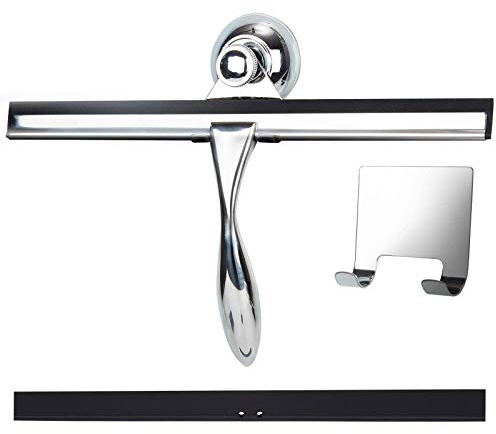 K Kwokker 12 Inch Squeegee for Shower, Shower Squeegee with Suction Cup Hooks, for Glass Door Marble Mirror Bathroom, Chrome Plated Stainless Steel Deluxe Car Window Home Kitchen Tile Scraper