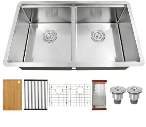 LQS Kitchen Sink Stainless Steel, Undermount Kitchen Sink 32 Inch, 50/50 Double Bowl True 16 Gauge Stainless Steel Handmade with Abundant Accessories, R10 Round Corner and 10” Depth for Large Kitchen