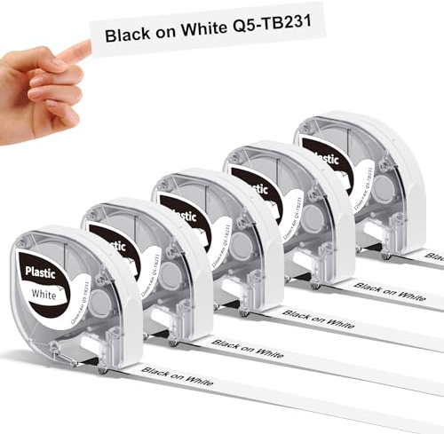 5x Phomemo P12&P12-Pro Etikettenband 12mm x 4m Schwarz auf Weiß Q5-TB231 | Phomemo Original Kunststoff-Etikettenband, Wasserfest & Selbstklebend,Kompatible mit Dymo LetraTag,für P12/P12 Pro/LT12/F12