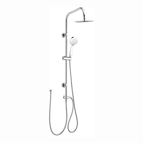 ENKI, Carre, RG061, Chrome, Dual Rigid Riser Kit with Round Ultra Slim High Pressure Overhead Showerhead and Multi Function Hand Shower Set, Stainless Steel, Modern, Easy to Install, 1-Year Guarantee