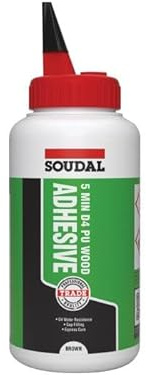 Soudal D4 5 Min PU Polyurethane Wood Adhesive - Wood Glue Strong for Furniture - 750g (Pack of 6/12 / 24) - Transparent (12 x 750gr Bottles)